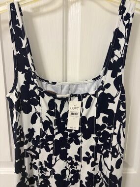 LOFT Black and White Floral Seamed Midi Dress